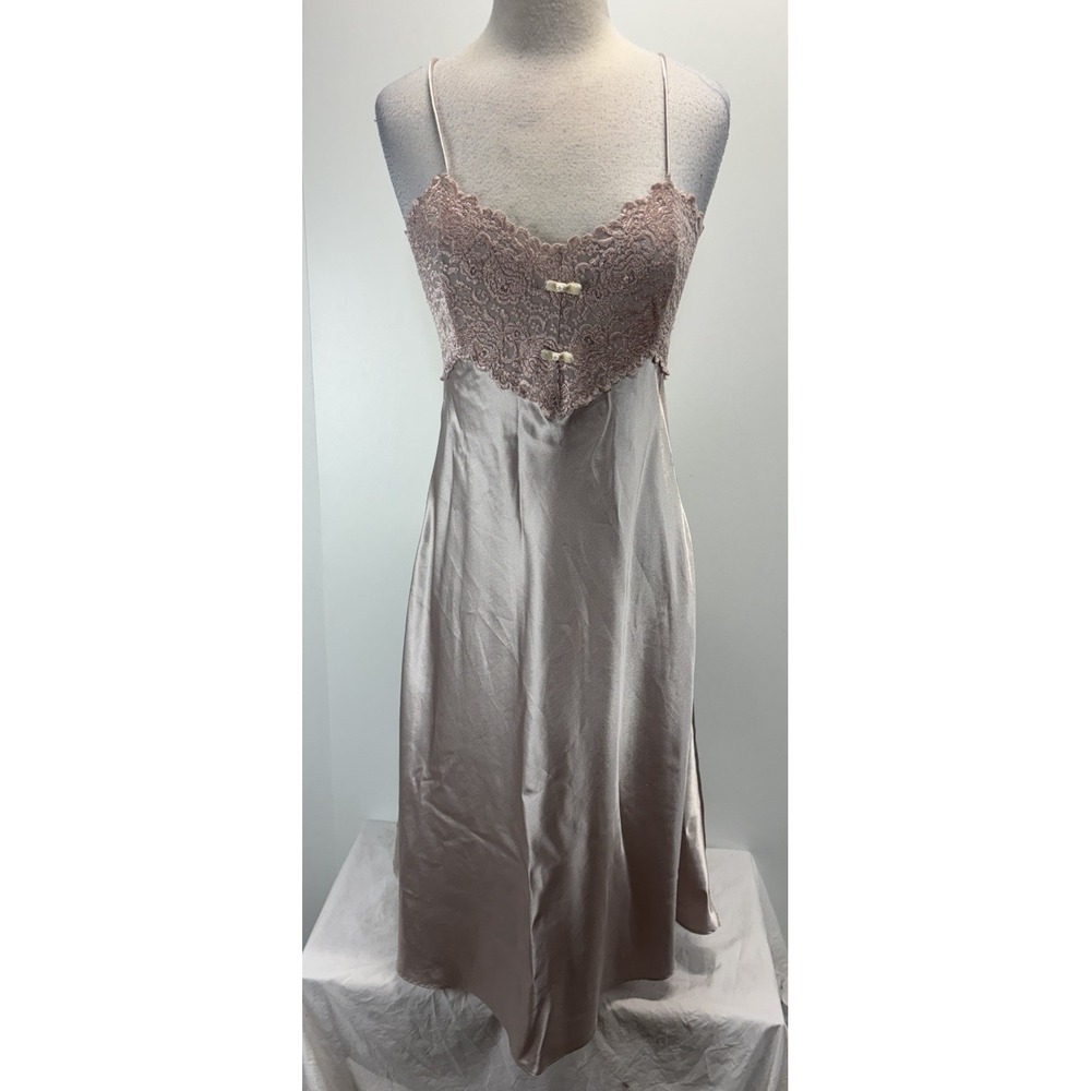 Vtg Intimo Amore Satin Lace Midi Nightgown Women's M Pale Pink Stretch Bodice